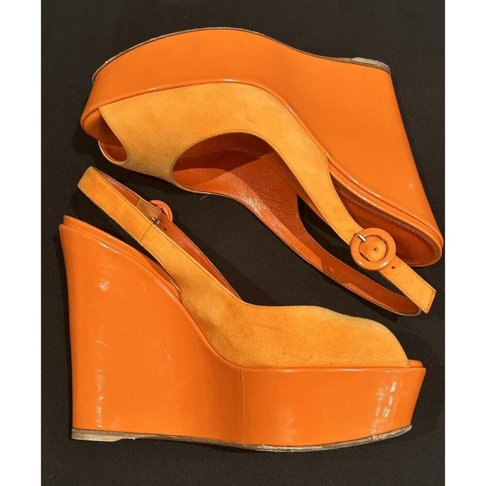 Gianvito Rossi Women's Orange Platform Peep-Toe Wedges size 37 - Picture 2 of 8